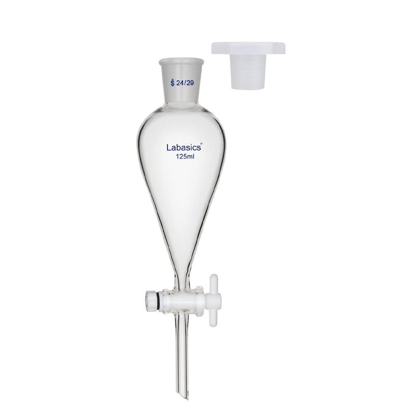 Labasics Conical Separatory Funnel, 125 ml Heavy Wall Borosilicate Glass Separating Funnel with 24/29 Joints and PTFE Stopcock - Image 1